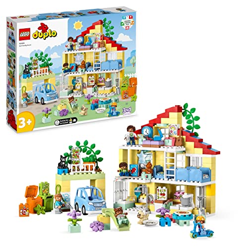 LEGO DUPLO 3-in-1-Familienhaus, Puppenhaus aus Bausteinen mit Push&Go Auto, 5 Figuren, 2 Tieren und Spielzeug-Lampe, Spielhaus Geschenk für Kleinkinder, Mädchen und Jungen ab 3 Jahren 10994 von LEGO