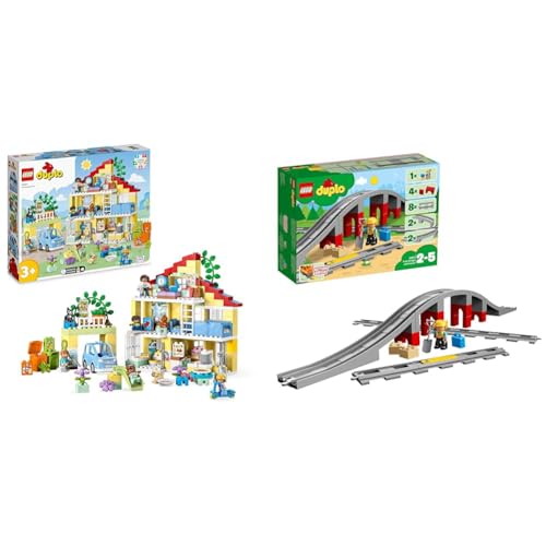 LEGO 10994 DUPLO 3-in-1-Familienhaus, Puppenhaus aus Bausteinen mit Push&Go Auto & 10872 DUPLO Eisenbahnbrücke und Schienen-Set, Eisenbahn von LEGO