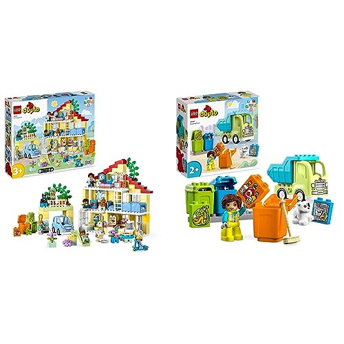 LEGO 10994 DUPLO 3-in-1-Familienhaus, Puppenhaus aus Bausteinen mit Push&Go Auto & 10987 DUPLO Recycling-LKW Müllwagen-Spielzeug, Lern- und Farbsortier-Spielzeug von LEGO