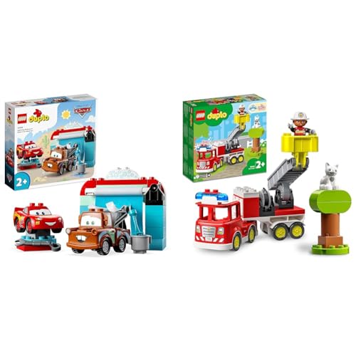 LEGO 10996 DUPLO Disney and Pixar's Cars Lightning McQueen & Mater in der Waschanlage Spielzeugautos, Motorikspielzeug für Jungen und Mädchen ab 2 Jahren & 10969 DUPLO Town Feuerwehrauto Spielzeug von LEGO