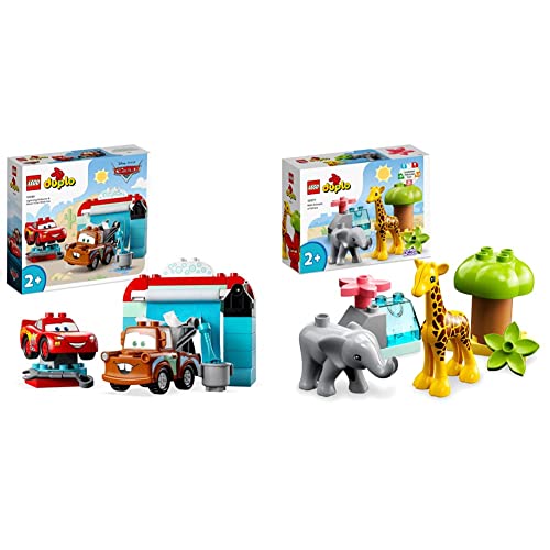 LEGO 10996 DUPLO Disney and Pixar's Cars Lightning McQueen & Mater in der Waschanlage Spielzeugautos, ab 2 Jahren & 10971 DUPLO Wilde Tiere Afrikas Spielzeug-Set von LEGO