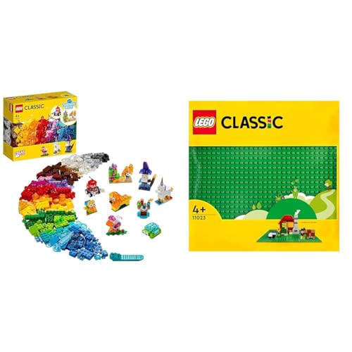 LEGO 11013 Classic Kreativ-Bauset mit durchsichtigen Steinen, mit Löwe, Vogel und Schildkröte, Konstruktionsspielzeug aus Bausteinen ab 4 Jahren & 11023 Classic Grüne Bauplatte mit 32x32 Noppen von LEGO