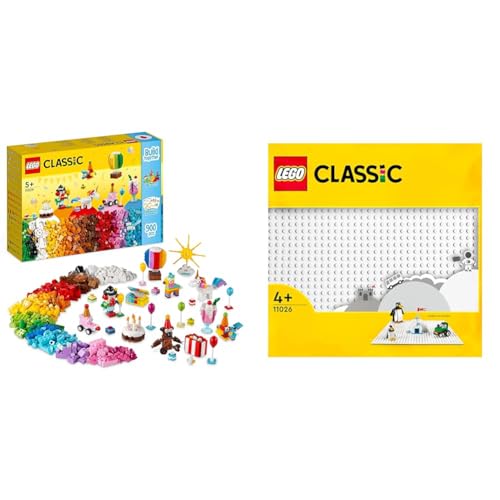 LEGO 11029 Classic Party Kreativ-Bauset Bausteine-Box & 11026 Classic Weiße Bauplatte, quadratische Grundplatte mit 32x32 Noppen als Basis für Konstruktionen und für weitere Sets von LEGO