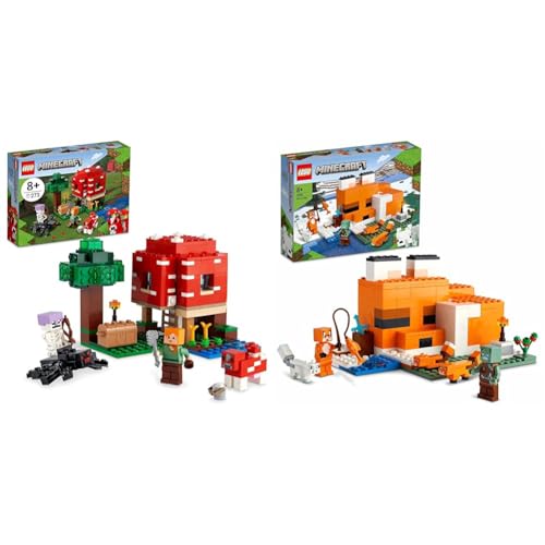 LEGO 21179 Minecraft Das Pilzhaus, Spielzeug ab 8 Jahren & 21178 Minecraft Die Fuchs-Lodge, Spielzeug für Kinder ab 8 Jahren mit Figuren von ertrunkenem Zombie und Tieren, Kinderspielzeug von LEGO