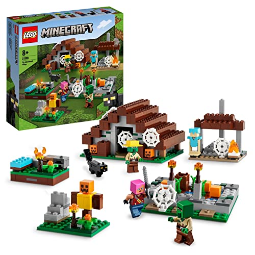 LEGO 21190 Minecraft Das verlassene Dorf Set mit Spielzeug-Haus, Zombiejäger-Lager, Werkstatt, Farm und Zubehör, inkl. 3 Figuren, darunter 2 Zombie-Dorfbewohner, Jäger und eine Katzen-Tierfigur von LEGO