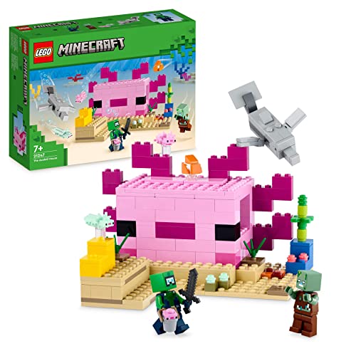 LEGO Minecraft Das Axolotl-Haus Set, baubare rosa Unterwasserbasis mit Taucherforscher, Zombie, Delfin- und Kugelfisch-Figuren, Abenteuer-Spielzeug für Kinder, Mädchen, Jungen ab 7 Jahren 21247 von LEGO