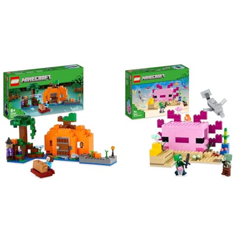 LEGO 21248 Minecraft Die Kürbisfarm Set, baubares Spielzeug-Haus mit Frosch & 21247 Minecraft Das Axolotl-Haus Set, baubare rosa Unterwasserbasis von LEGO