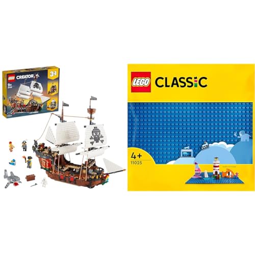 LEGO 31109 Creator 3-in-1 Piratenschiff Set & 11025 Classic Blaue Bauplatte, quadratische Grundplatte mit 32x32 Noppen als Basis Sets, Konstruktionsspielzeug für Kinder von LEGO