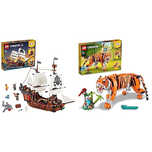 LEGO 31109 Creator 3-in-1 Piratenschiff & 31129 Creator Majestätischer Tiger, Panda oder Fisch, 3-in-1 Tierfiguren-Set, Spielzeug für Kinder, Konstruktionsspielzeug mit Tieren von LEGO