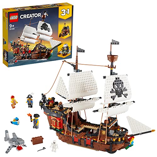 LEGO Creator 3-in-1 Piratenschiff Set, Spielzeug mit 3 Baumöglichkeiten, Baue in Piraten-Taverne oder Pirateninsel mit Totenkopf um, inklusive 3 Minifiguren für Rollenspiel-Abenteuer 31109 von LEGO
