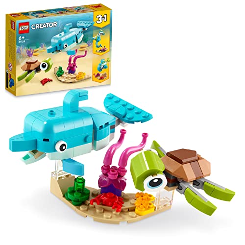 LEGO 31128 Creator 3-in-1 Delfin und Schildkröte, Seepferdchen, Fisch, Meerestieren-Figuren, Spielzeug zum Bauen von LEGO