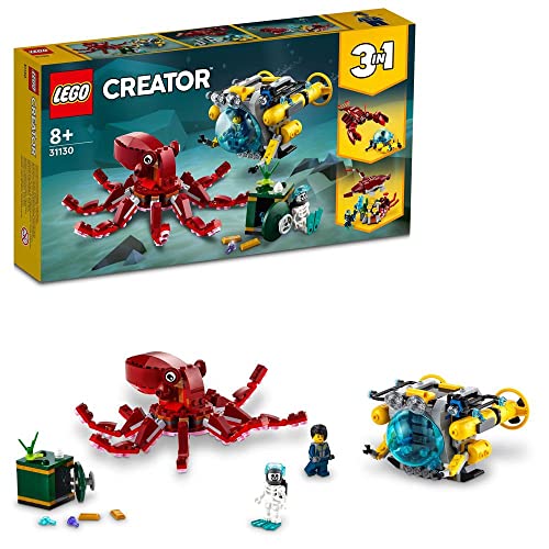 LEGO 31130 Creator 3 in 1 Sunken Treasure Mission Auswahl aus 3 riesigen See Tieren in 1 Set, darunter Octopus, Lobster, Manta Ray, 2 Minifiguren inklusive einer Skelett-Minifigur, 522 Teile 8+ von LEGO