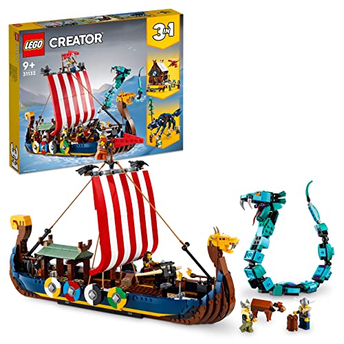 LEGO 31132 Creator 3in1 Wikingerschiff mit Midgardschlange Set, Baue Schiff, Haus, Spielzeug-Wolf mit Tier-Figuren, Konstruktionsspielzeug für Kinder, Geburtstagsgeschenk für Jungen und Mädchen von LEGO
