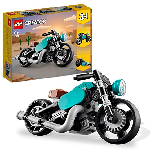 LEGO Creator 3in1 Oldtimer Motorrad Set, klassisches Motorrad-Spielzeug vom Straßenmotorrad zum Dragster Auto, Fahrzeug-Bauspielzeug für Kinder, Jungen und Mädchen 31135 von LEGO