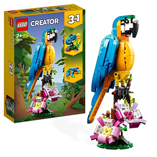 LEGO Creator 3in1 Exotischer Papagei, Frosch und Fisch Geschenk Dschungel-Tier-Figuren Bauspielzeug, kreatives Deko Spielzeug für Kinder ab 7 Jahren, Jungen und Mädchen 31136 von LEGO
