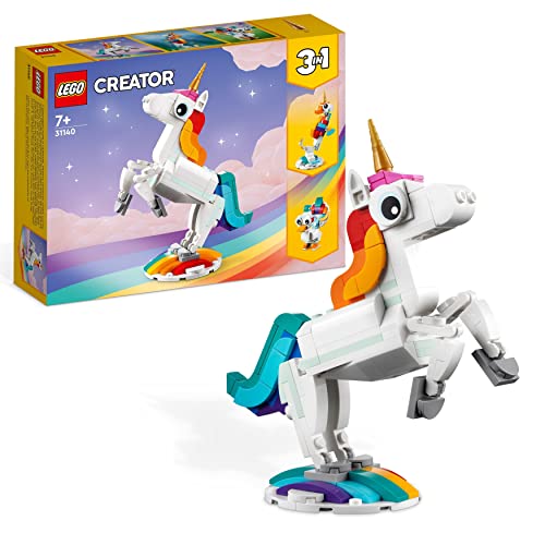 LEGO 31140 Creator 3in1 Magisches Einhorn Spielzeug, Seepferdchen, Pfau, Regenbogen-Einhorn-Tierfiguren, Geschenk für Mädchen und Jungen, baubares Spielzeug von LEGO