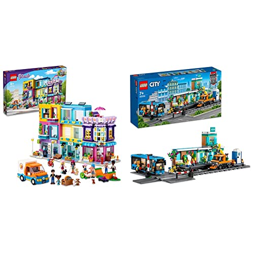 LEGO 41704 Friends Wohnblock in Heartlake City mit Friseursalon und Café, Puppenhaus mit 7 Minipuppen & 60335 City Bahnhof, Spielzeug mit Schienen-LKW von LEGO