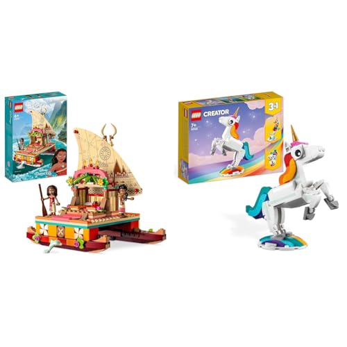 LEGO 43210 Disney Princess Vaianas Katamaran Spielzeug Boot mit Vaiana und Sina Prinzessinnen Mini-Puppen & Delfin-Figur für Mädchen und Jungen & 31140 Creator 3in1 Magisches Einhorn Spielzeug von LEGO