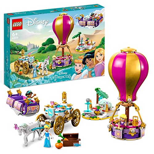 LEGO Disney Prinzessinnen auf magischer Reise Spielzeug mit Cinderella, Jasmine, Rapunzel Mini-Puppen, Spielzeugpferd & Kutsche, fliegendem Teppich, Heißluftballon für Mädchen und Jungen 43216 von LEGO