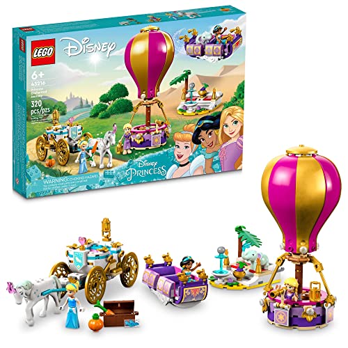LEGO Disney Prinzessinnen auf magischer Reise Spielzeug mit Cinderella, Jasmine, Rapunzel Mini-Puppen, Spielzeugpferd & Kutsche, fliegendem Teppich, Heißluftballon für Mädchen und Jungen 43216 von LEGO