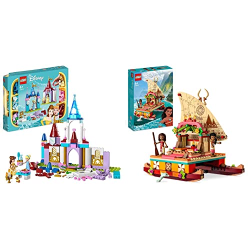 LEGO 43219 Disney Princess Kreative Schlösserbox & 43210 Disney Princess Vaianas Katamaran Spielzeug Boot mit Vaiana und Sina Prinzessinnen Mini-Puppen & Delfin-Figur für Mädchen und Jungen von LEGO