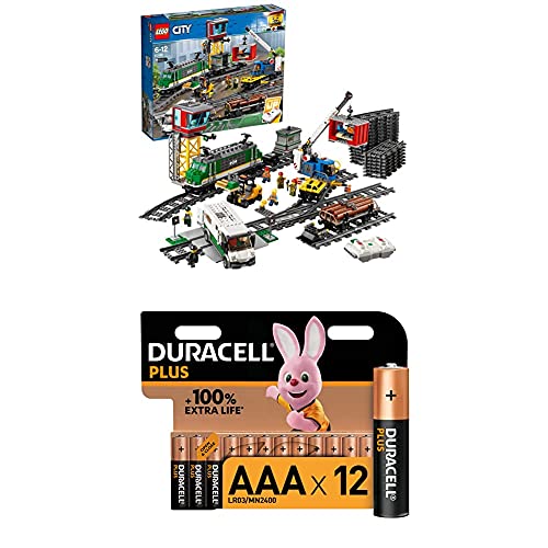 LEGO 60198 City Güterzug, Set mit batteriebetriebenem Motor für Kinder ab 6 Jahren, Bluetooth-Fernbedienung, 3 Wagen, Gleise und Zubehör + Duracell Plus AAA Alkaline-Batterien, 12er Pack von LEGO
