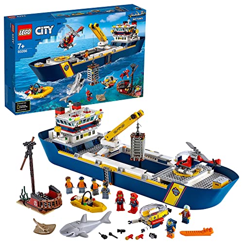LEGO 60266 City Meeresforschungsschiff, schwimmendes Spielzeugboot, Tiefsee-Unterwasserset, Tauchabenteuer für Kinder von LEGO