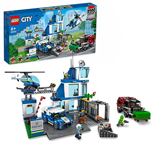 LEGO City Polizeistation mit Polizeiauto, Müllauto und Hubschrauber, Gebäude zum Bauen mit 3 Figuren, Polizei-Spielzeug für Jungen und Mädchen ab 6 Jahren, Geschenk für Kinder 60316 von LEGO