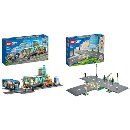LEGO 60335 City Bahnhof & 60304 City Straßenkreuzung mit Ampeln, Bauset mit im Dunkeln leuchtenden Steinen von LEGO
