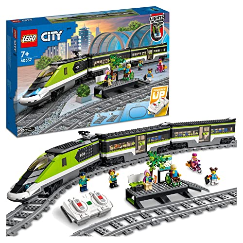 LEGO 60337 City Personen-Schnellzug, Set mit ferngesteuertem Zug, Eisenbahn-Spielzeug mit Scheinwerfern, 2 Wagen und 24 Schienen-Elementen, Geschenk für Kinder, Jungen und Mädchen von LEGO