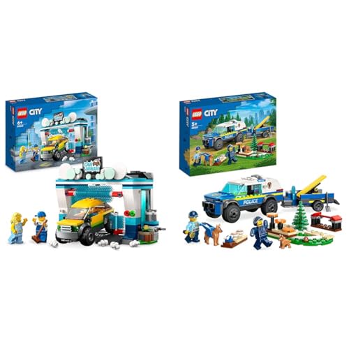 LEGO 60362 City Autowaschanlage, Set mit Spielzeugauto für Kinder ab 6 Jahren & 60369 City Mobiles Polizeihunde-Training, Polizeiauto-Spielzeug mit Anhänger von LEGO