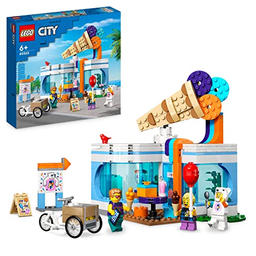 LEGO City Eisdiele, Spielzeug-Laden für Kinder ab 6 Jahren, Set mit 3 Minifiguren mit lustigem Zubehör und einem Lastenrad, Geschenk zum Geburtstag für Jungen und Mädchen 60363 von LEGO