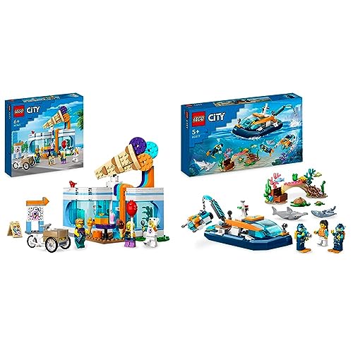 LEGO 60363 City Eisdiele, Spielzeug-Laden für Kinder ab 6 Jahren & 60377 City Meeresforscher-Boot Spielzeug, Set enthält EIN Korallenriff, EIN U-Boot von LEGO