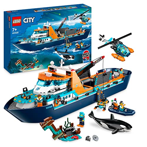 LEGO 60368 City Arktis-Forschungsschiff, großes schwimmfähiges Spielzeug-Boot mit Hubschrauber, Beiboot, ROV-U-Boot, Wikingerschiffswrack, 7 Minifiguren & Orca-Figur, Geschenk für Kinder ab 7 Jahren von LEGO