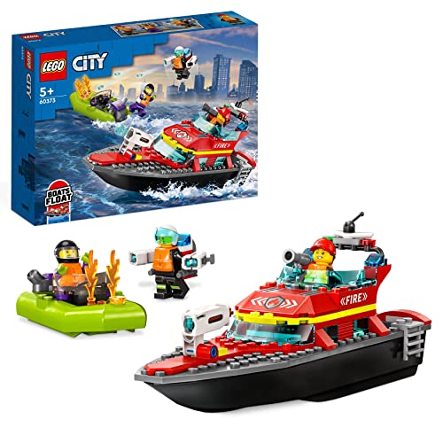 LEGO City Feuerwehrboot, Spielzeug, das im Wasser schwimmt, mit Rennboot, 3 Minifiguren und Jetpack, Feuerwehr-Boot-Spielzeug Geschenkidee für Jungen und Mädchen ab 5 Jahren 60373 von LEGO