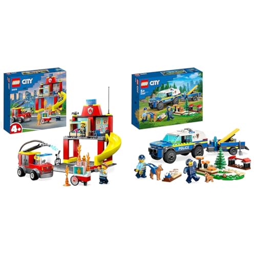LEGO 60375 City Feuerwehr Feuerwehrstation und Löschauto & 60369 City Mobiles Polizeihunde-Training, Polizeiauto-Spielzeug mit Anhänger, Hunde- und Welpenfiguren, Tier-Set für Kinder ab 5 Jahren von LEGO