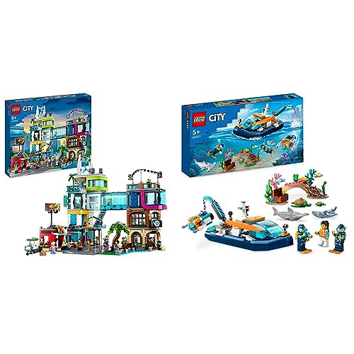 LEGO 60380 City Stadtzentrum Set, Modellbausatz, Spielzeug mit Spielzeugläden & 60377 City Meeresforscher-Boot Spielzeug, Set enthält EIN Korallenriff von LEGO