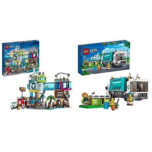 LEGO 60380 City Stadtzentrum Set, Modellbausatz, Spielzeug mit Spielzeugläden & 60386 City Müllabfuhr, Müllwagen Spielzeug mit Mülltonnen von LEGO