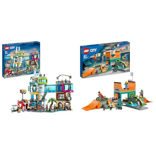 LEGO 60380 City Stadtzentrum Set & 60364 City Skaterpark, Spielzeug für Kinder ab 6 Jahren, mit BMX-Rad, Skateboard, Scooter, Inline-Skates und 4 Skater-Minifiguren zum Ausführen von Stunts, 2023 Set von LEGO