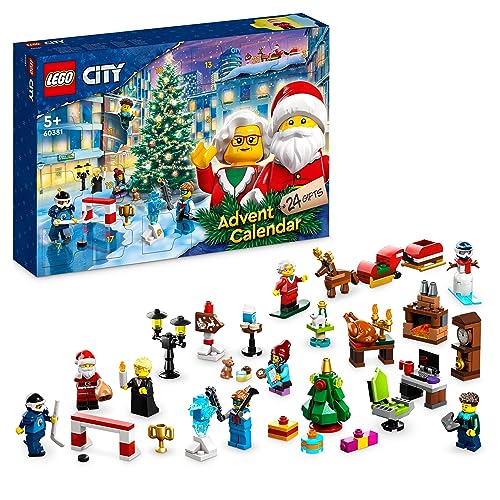 LEGO 60381 City Adventskalender 2023, Weihnachtskalender mit 24 Geschenken inkl. Weihnachtsmann- und Rentier-Figuren plus Winterwunderland-Spielmatte, Geschenk für Kinder, Jungen, Mädchen von LEGO