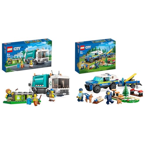 LEGO 60386 City Müllabfuhr & 60369 City Mobiles Polizeihunde-Training, Polizeiauto-Spielzeug mit Anhänger, Hunde- und Welpenfiguren, Tier-Set für Kinder ab 5 Jahren von LEGO