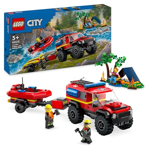 LEGO 60412 City Feuerwehrgeländewagen mit Rettungsboot, Offroad-Auto-Spielzeug für Kinder ab 5 Jahren, Rettungswagen mit Schlauchboot, Anhänger, Zelt und 3 Minifiguren, Geschenk für Jungs und Mädchen von LEGO