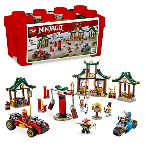 LEGO NINJAGO Kreative Ninja Steinebox, Spielzeug Aufbewahrungskiste mit Ninja-Auto und Motorrad, Dojo und Minifiguren für Kinder ab 5 Jahren 71787 von LEGO
