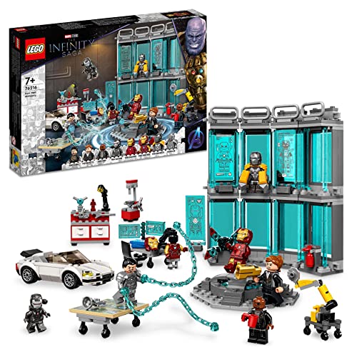 LEGO 76216 Marvel Iron Mans Werkstatt mit 3 Kampf-Anzügen, Spielzeugauto und Roboter, Avengers-Spielzeug zum Bauen, Set mit 5 Minifiguren, Geschenk für Kinder ab 7 Jahren von LEGO