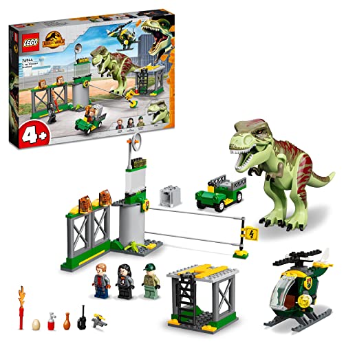 LEGO Jurassic World T. Rex Ausbruch, Dinosaurier-Spielzeug ab 4 Jahren, Set mit großer Dino-Figur, Hubschrauber, Flughafen und Spielzeugauto, Geschenk für Fans der Jurassic Park-Filme 76944 von LEGO