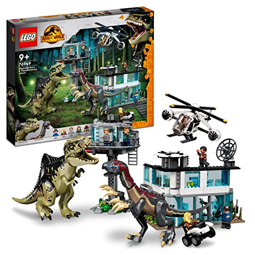 LEGO Jurassic World Giganotosaurus & Therizinosaurus Angriff Set mit Spielzeug-Hubschrauber, Garage, Spielzeugauto und 2 Dinosaurier-Figuren, Geschenk für Fans von der Jurassic Park-Reihe 76949 von LEGO