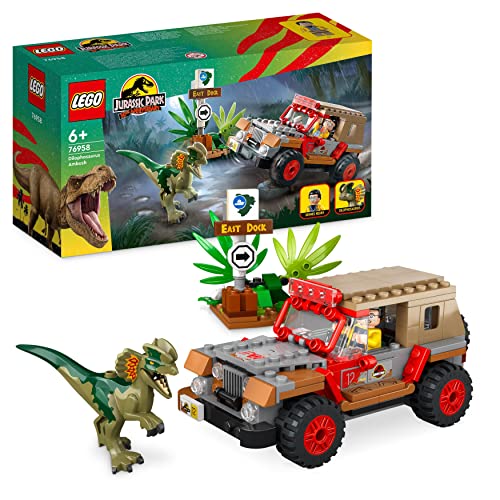 LEGO Jurassic Park Hinterhalt des Dilophosaurus, Dinosaurier Spielzeug Set mit Figur und Jeep für Kinder ab 6 Jahren 76958 von LEGO