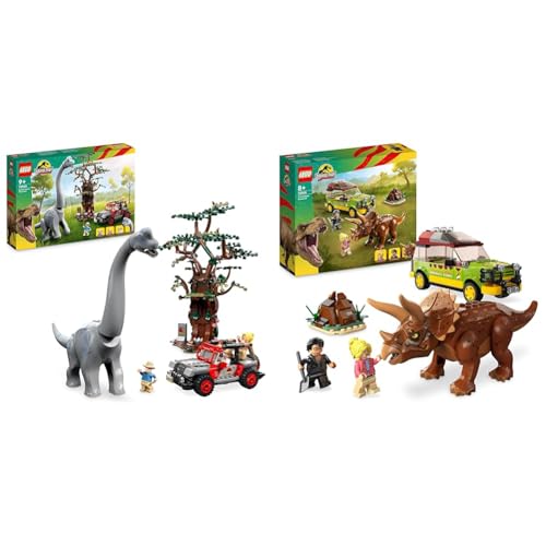 LEGO 76960 Jurassic Park Entdeckung des Brachiosaurus & 76959 Jurassic Park Triceratops-Forschung, Dinosaurier Spielzeug mit Figur und Auto zum Sammeln zum 30. Jubiläum von LEGO