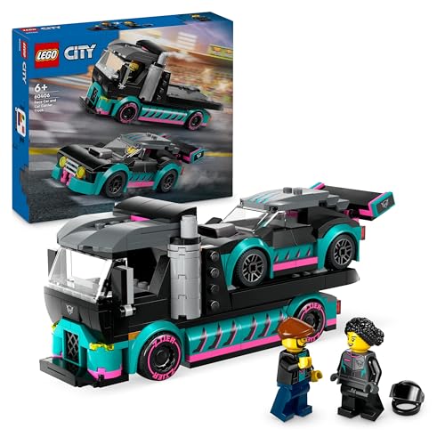 LEGO City Autotransporter mit Rennwagen, LKW-Spielzeug mit Verstellbarer Laderampe und Renn-Auto, Bauset mit 2 Minifiguren, Rennfahrer und LKW-Fahrer, Kinder ab 6 Jahren 60406 von LEGO