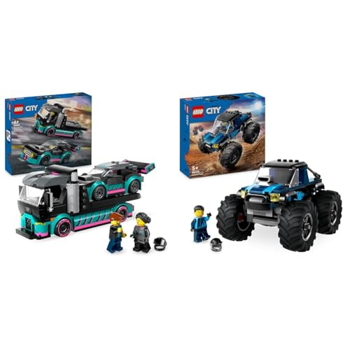 LEGO City Autotransporter mit Rennwagen, LKW-Spielzeug mit Verstellbarer Laderampe und Renn-Auto & City Blauer Monstertruck, Offroad-Auto-Spielzeug, Fahrzeug-Set mit Rennfahrer-Minifigur LEGO City Autotransporter mit Rennwagen, LKW-Spielzeug mit Verstellbarer Laderampe und Renn-Auto & City Blauer Monstertruck, Offroad-Auto-Spielzeug, Fahrzeug-Set mit Rennfahrer-Minifigur von LEGO